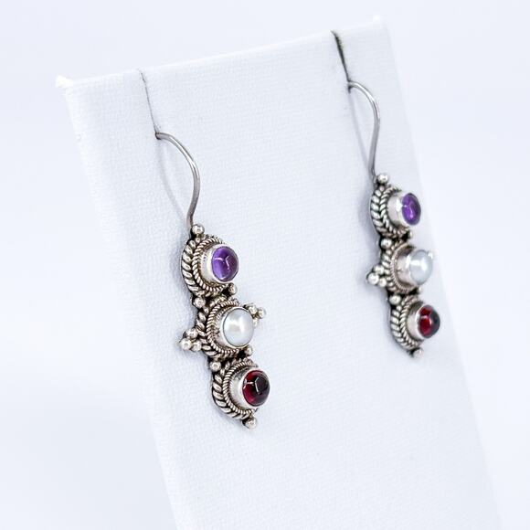 Vintage Southwest Sterling Silver 925 Pearl Amethyst Garnet Drop Earrings - Picture 3 of 8